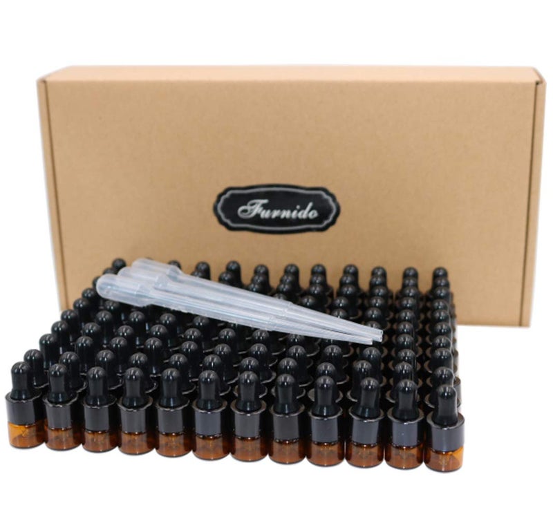 Furnido 120 Pack,1ml Amber Glass Dropper Bottle,Small Glass Sample Dropper Vial For Essential Oils With Pure Glass Eye Dropper&Aluminum caps,Aromatherapy Perfume Container Liquid Bottles-Pipette&Funnel free - Image 1